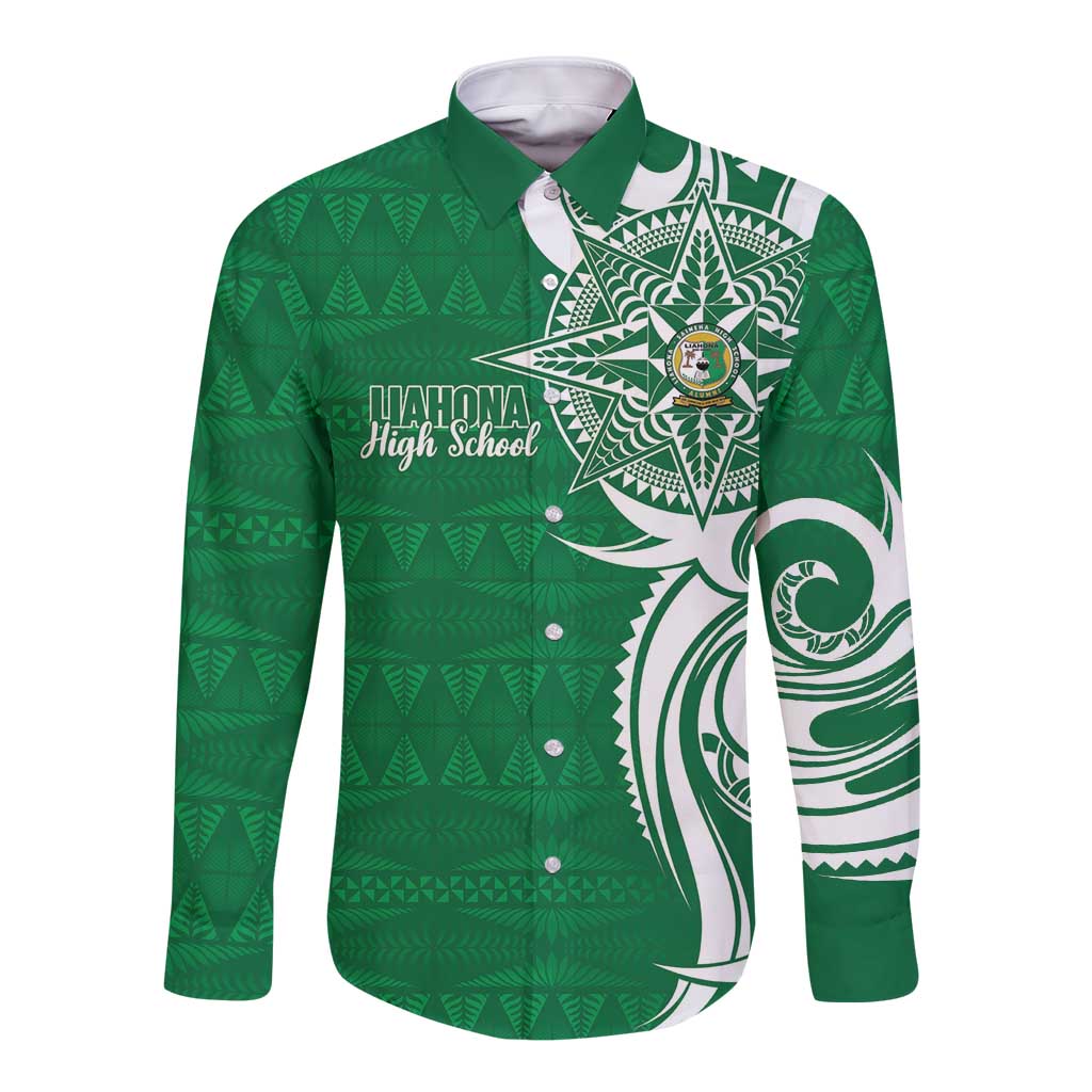 Personalised Liahona - Saineha High School Long Sleeve Button Shirt Tongan Ngatu Pattern - Polynesian Pride