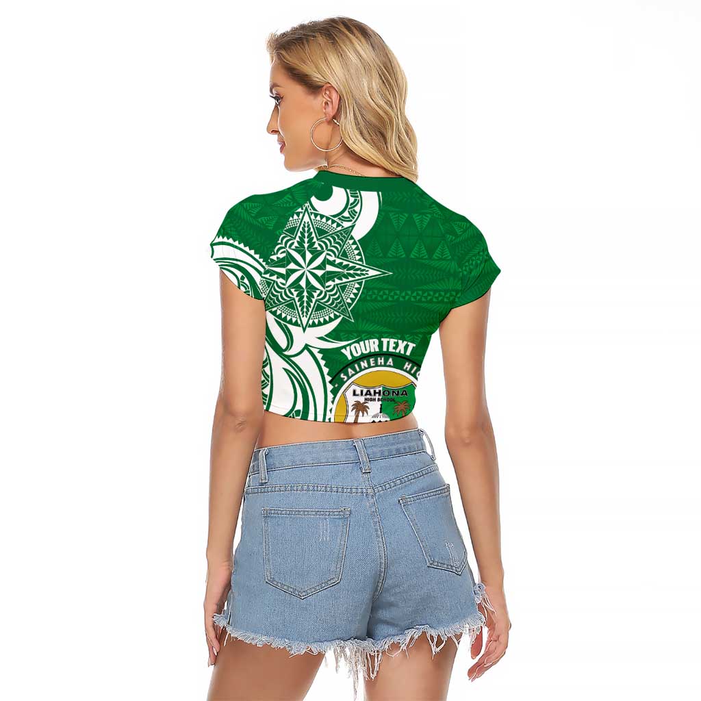 Personalised Liahona - Saineha High School Raglan Cropped T Shirt Tongan Ngatu Pattern - Polynesian Pride