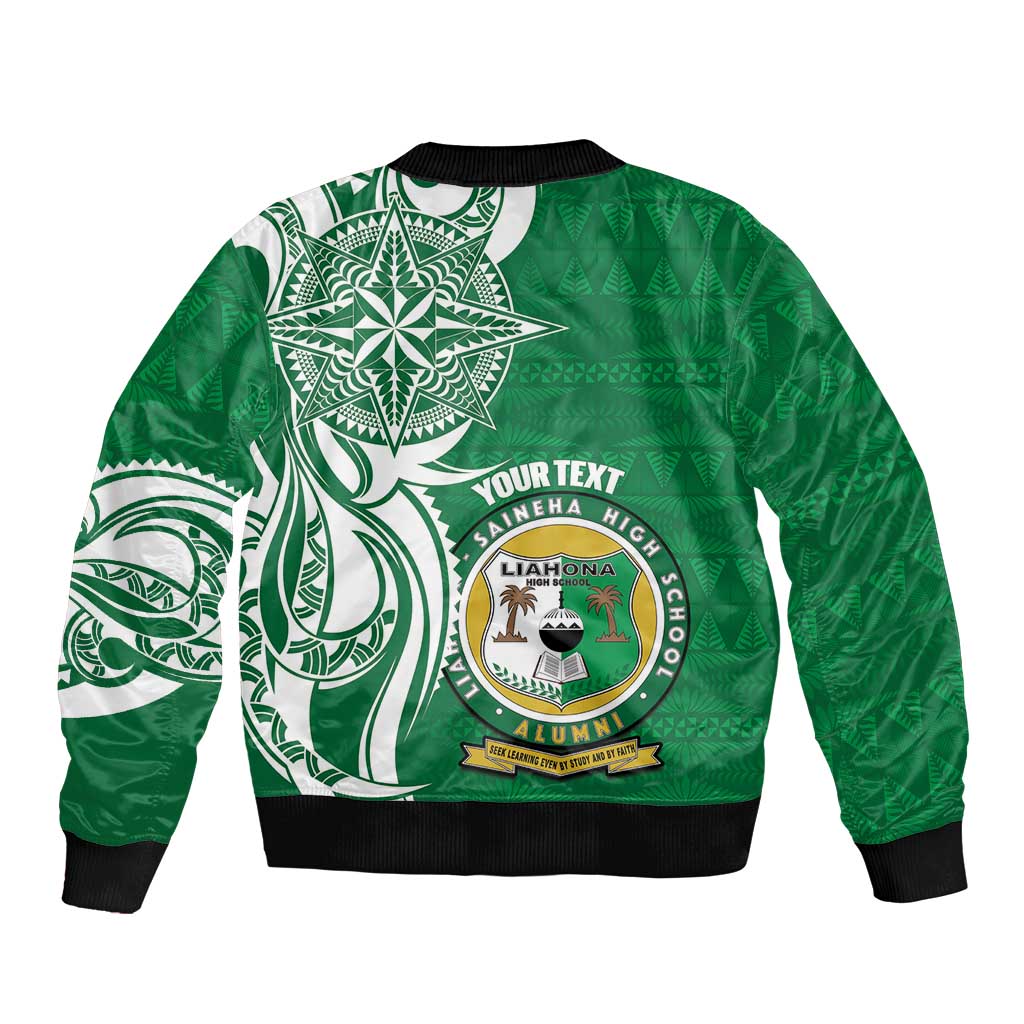 Personalised Liahona - Saineha High School Sleeve Zip Bomber Jacket Tongan Ngatu Pattern - Polynesian Pride