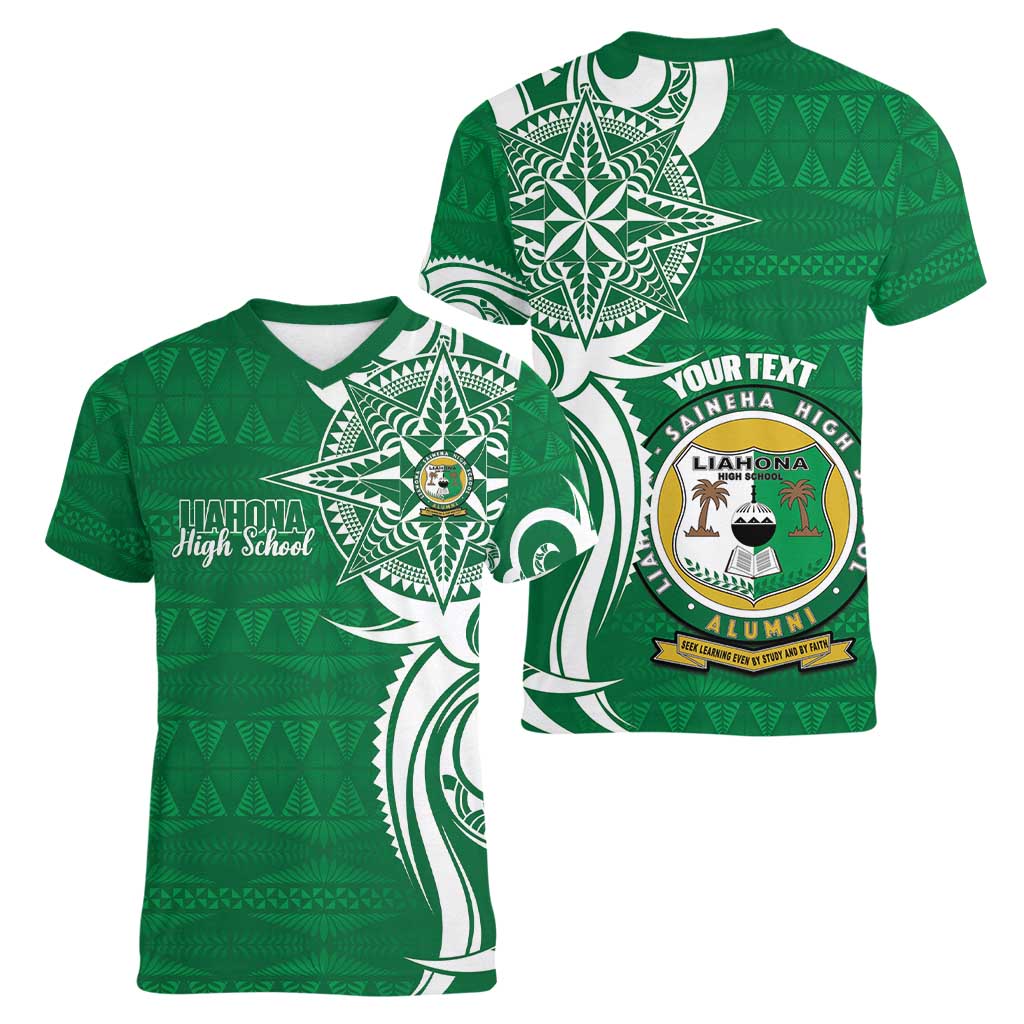 Personalised Liahona - Saineha High School Women V-Neck T-Shirt Tongan Ngatu Pattern - Polynesian Pride