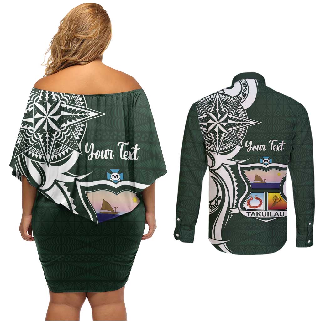 Personalised Tonga Takuilau College Couples Matching Off Shoulder Short Dress and Long Sleeve Button Shirt Est 1975 Tongan Ngatu Pattern - Polynesian Pride