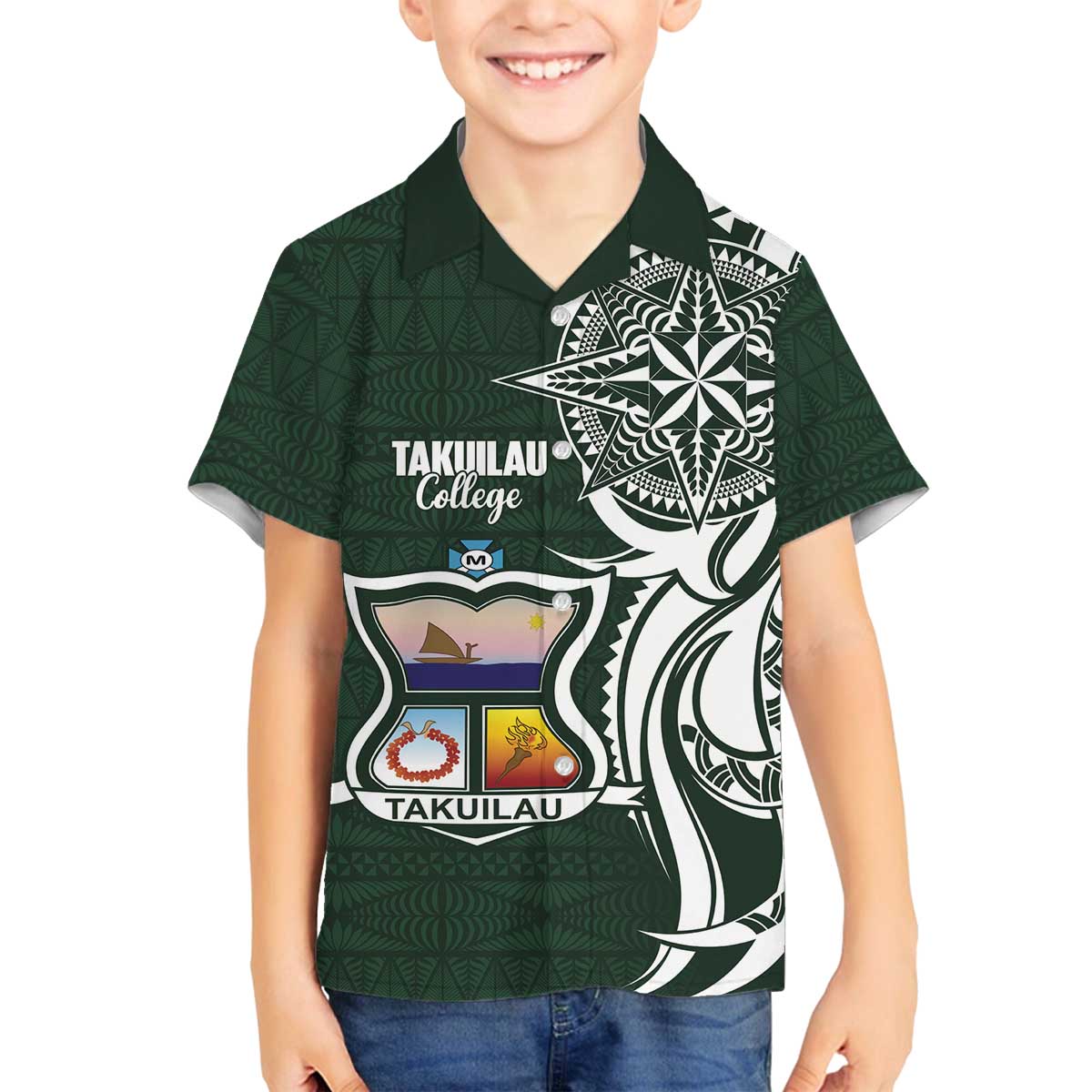Personalised Tonga Takuilau College Family Matching Off The Shoulder Long Sleeve Dress and Hawaiian Shirt Est 1975 Tongan Ngatu Pattern - Polynesian Pride