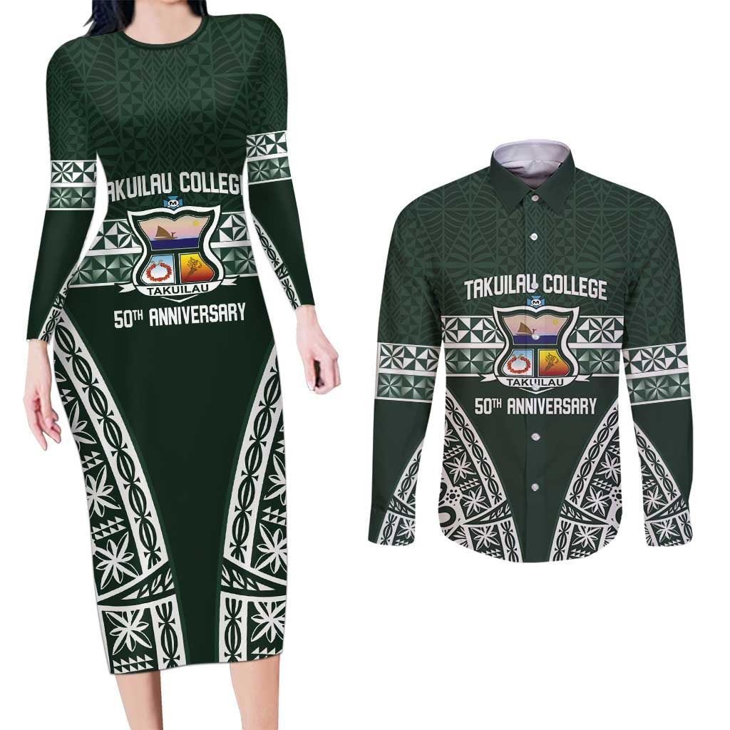 Personalised Tonga Takuilau College Couples Matching Long Sleeve Bodycon Dress and Long Sleeve Button Shirt 50th Anniversary Ngatu Kupesi - Polynesian Pride