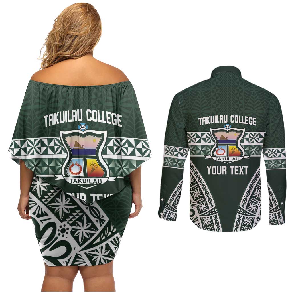 Personalised Tonga Takuilau College Couples Matching Off Shoulder Short Dress and Long Sleeve Button Shirt 50th Anniversary Ngatu Kupesi - Polynesian Pride