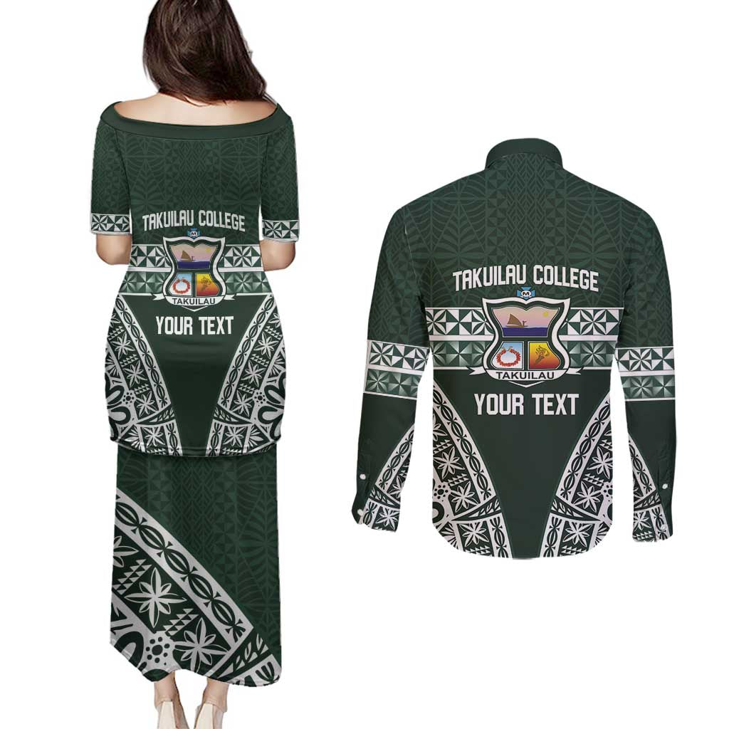 Personalised Tonga Takuilau College Couples Matching Puletasi and Long Sleeve Button Shirt 50th Anniversary Ngatu Kupesi - Polynesian Pride