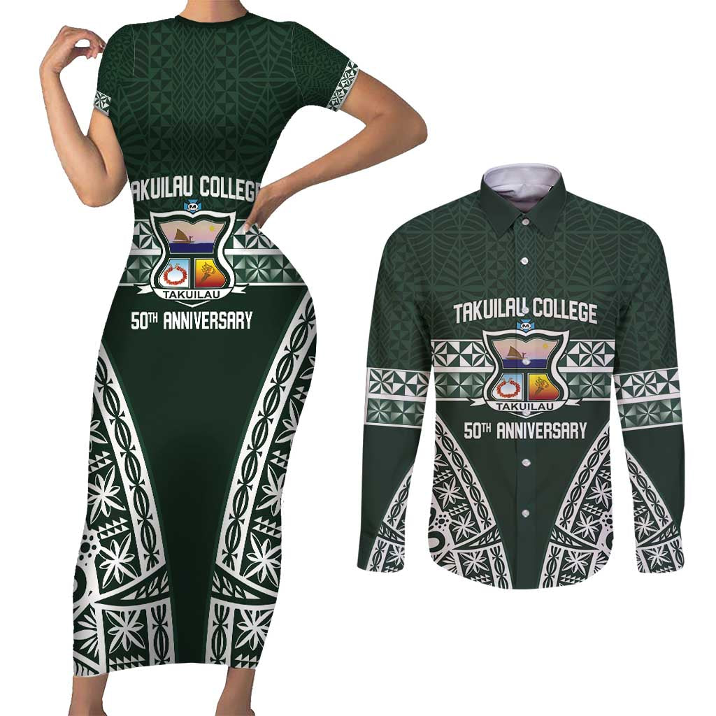 Personalised Tonga Takuilau College Couples Matching Short Sleeve Bodycon Dress and Long Sleeve Button Shirt 50th Anniversary Ngatu Kupesi - Polynesian Pride