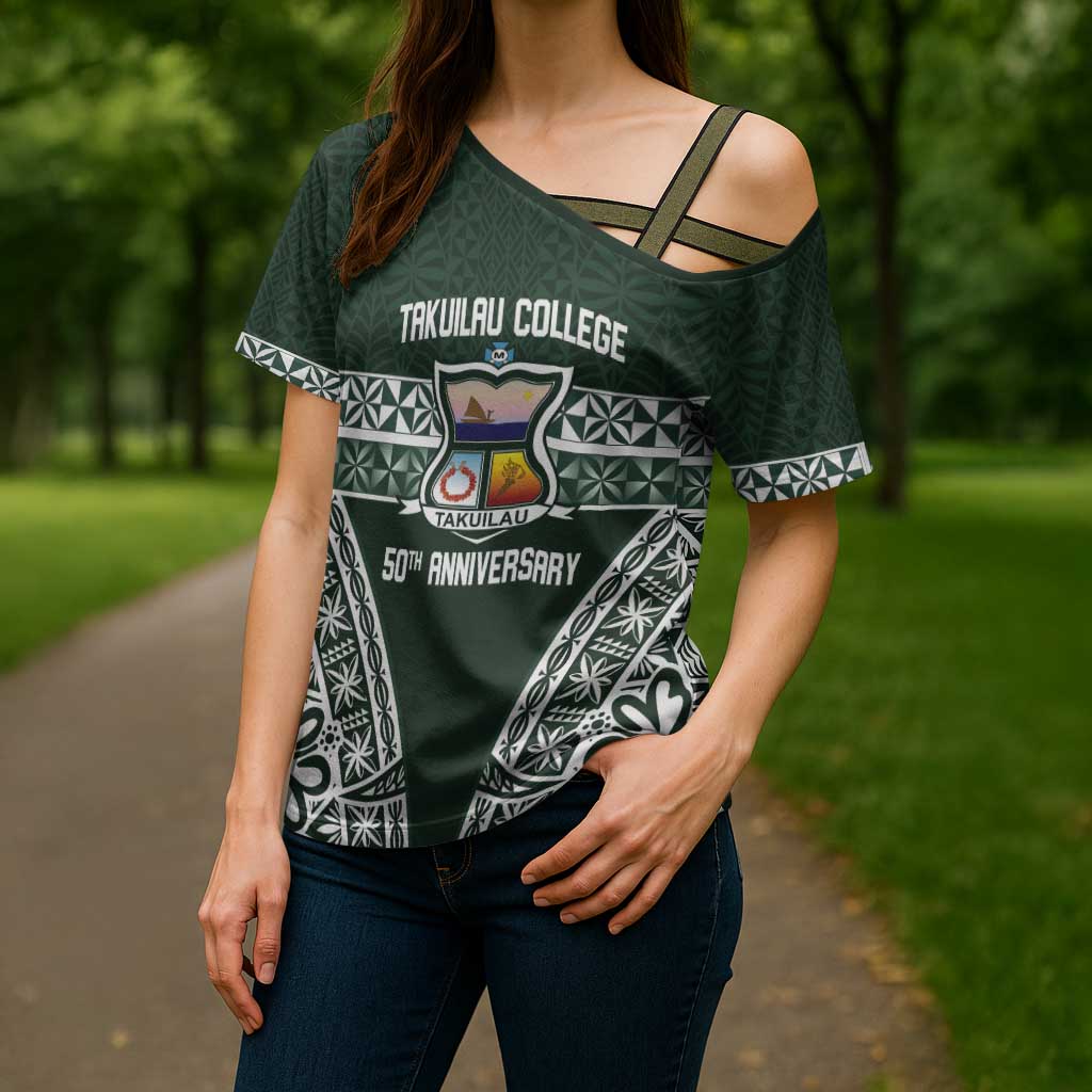 Personalised Tonga Takuilau College Cross Shoulder Shirt 50th Anniversary Ngatu Kupesi - Polynesian Pride