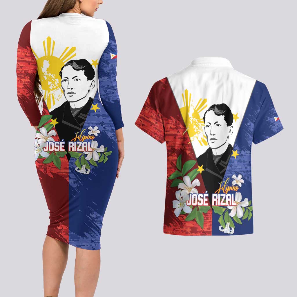 Philippines Rizal Day Couples Matching Long Sleeve Bodycon Dress and Hawaiian Shirt Filipino Sampaguita Grunge Style - Polynesian Pride