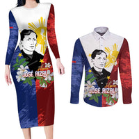Philippines Rizal Day Couples Matching Long Sleeve Bodycon Dress and Long Sleeve Button Shirt Filipino Sampaguita Grunge Style - Polynesian Pride