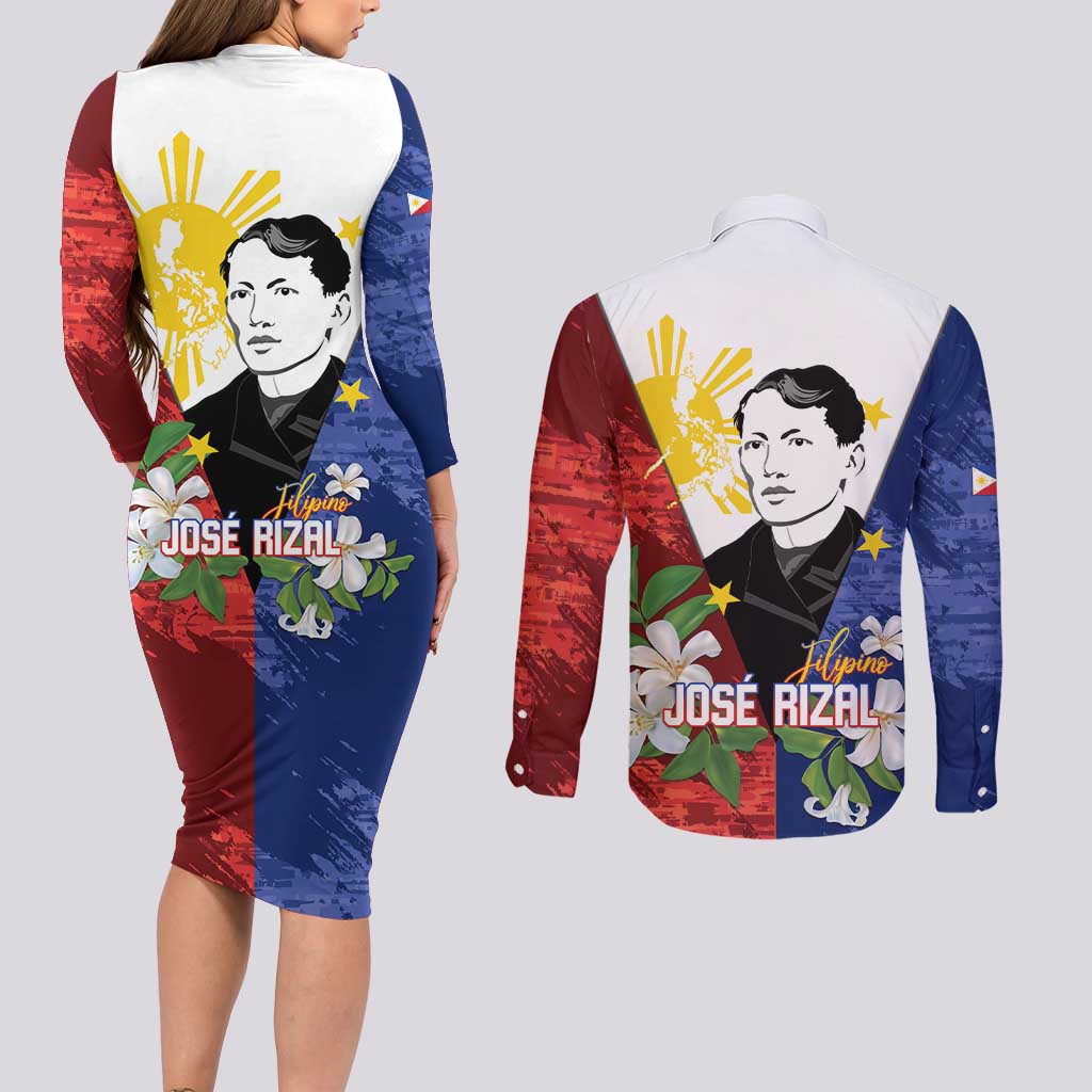 Philippines Rizal Day Couples Matching Long Sleeve Bodycon Dress and Long Sleeve Button Shirt Filipino Sampaguita Grunge Style - Polynesian Pride