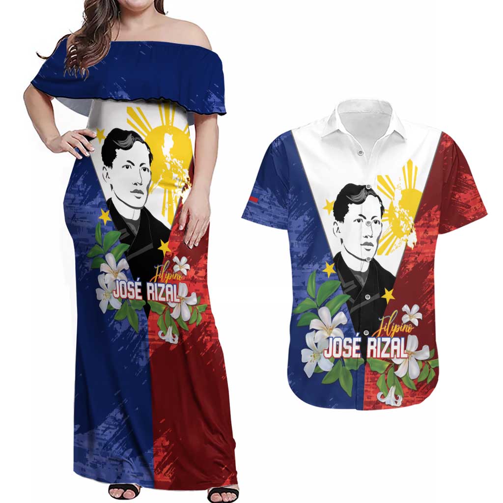 Philippines Rizal Day Couples Matching Off Shoulder Maxi Dress and Hawaiian Shirt Filipino Sampaguita Grunge Style - Polynesian Pride