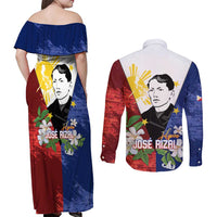 Philippines Rizal Day Couples Matching Off Shoulder Maxi Dress and Long Sleeve Button Shirt Filipino Sampaguita Grunge Style - Polynesian Pride