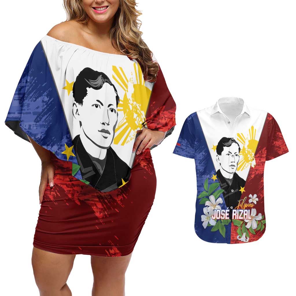 Philippines Rizal Day Couples Matching Off Shoulder Short Dress and Hawaiian Shirt Filipino Sampaguita Grunge Style - Polynesian Pride