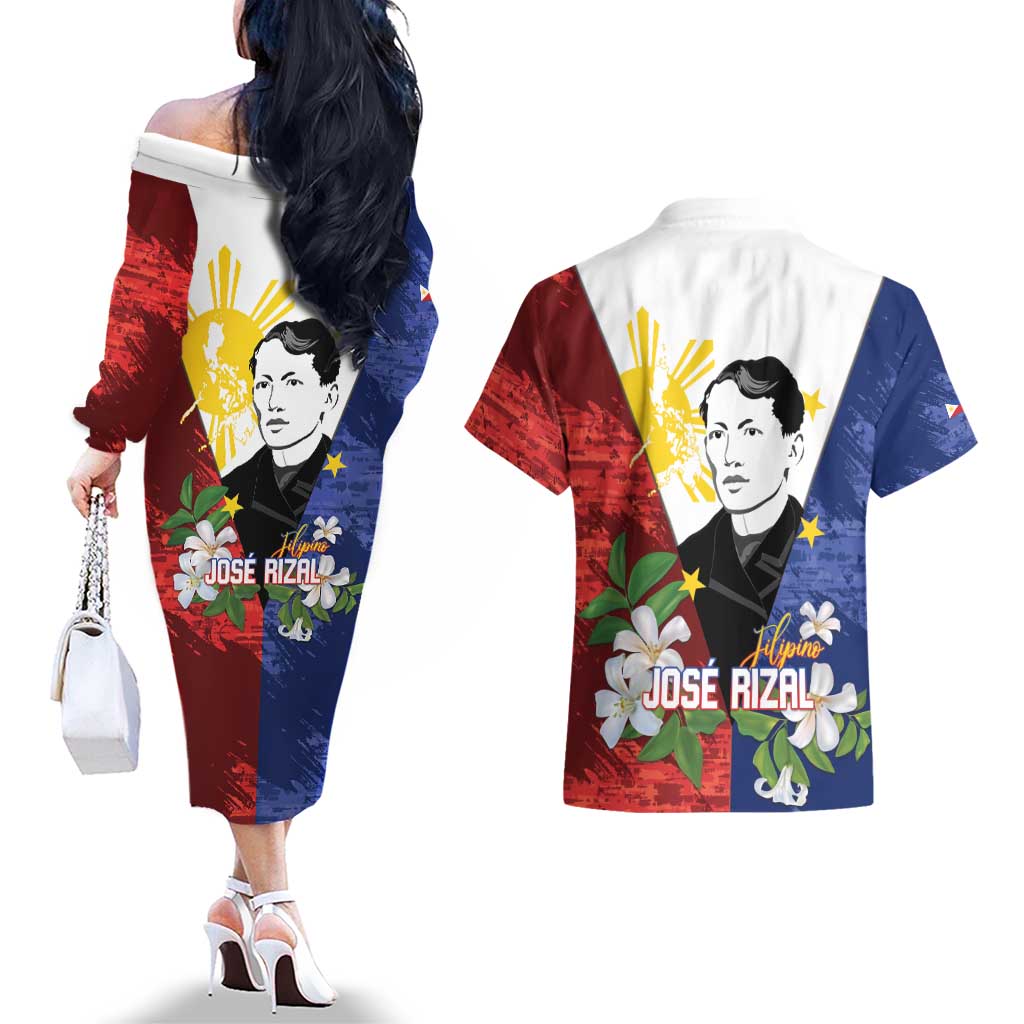 Philippines Rizal Day Couples Matching Off The Shoulder Long Sleeve Dress and Hawaiian Shirt Filipino Sampaguita Grunge Style - Polynesian Pride