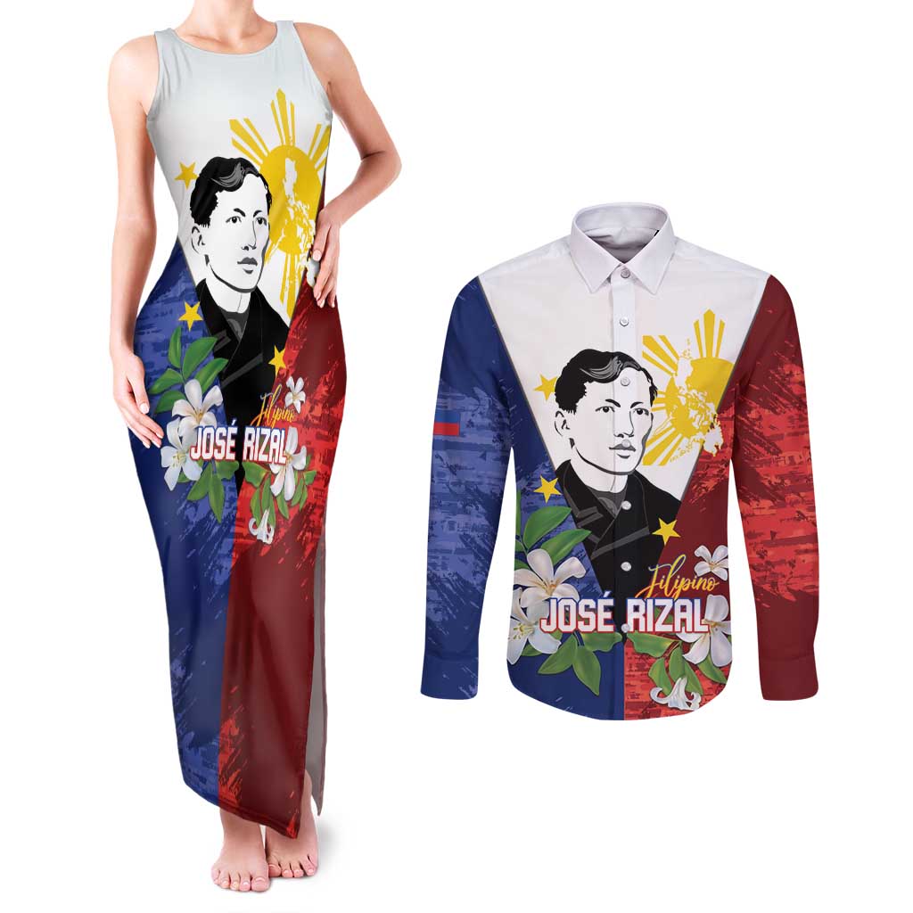 Philippines Rizal Day Couples Matching Tank Maxi Dress and Long Sleeve Button Shirt Filipino Sampaguita Grunge Style - Polynesian Pride