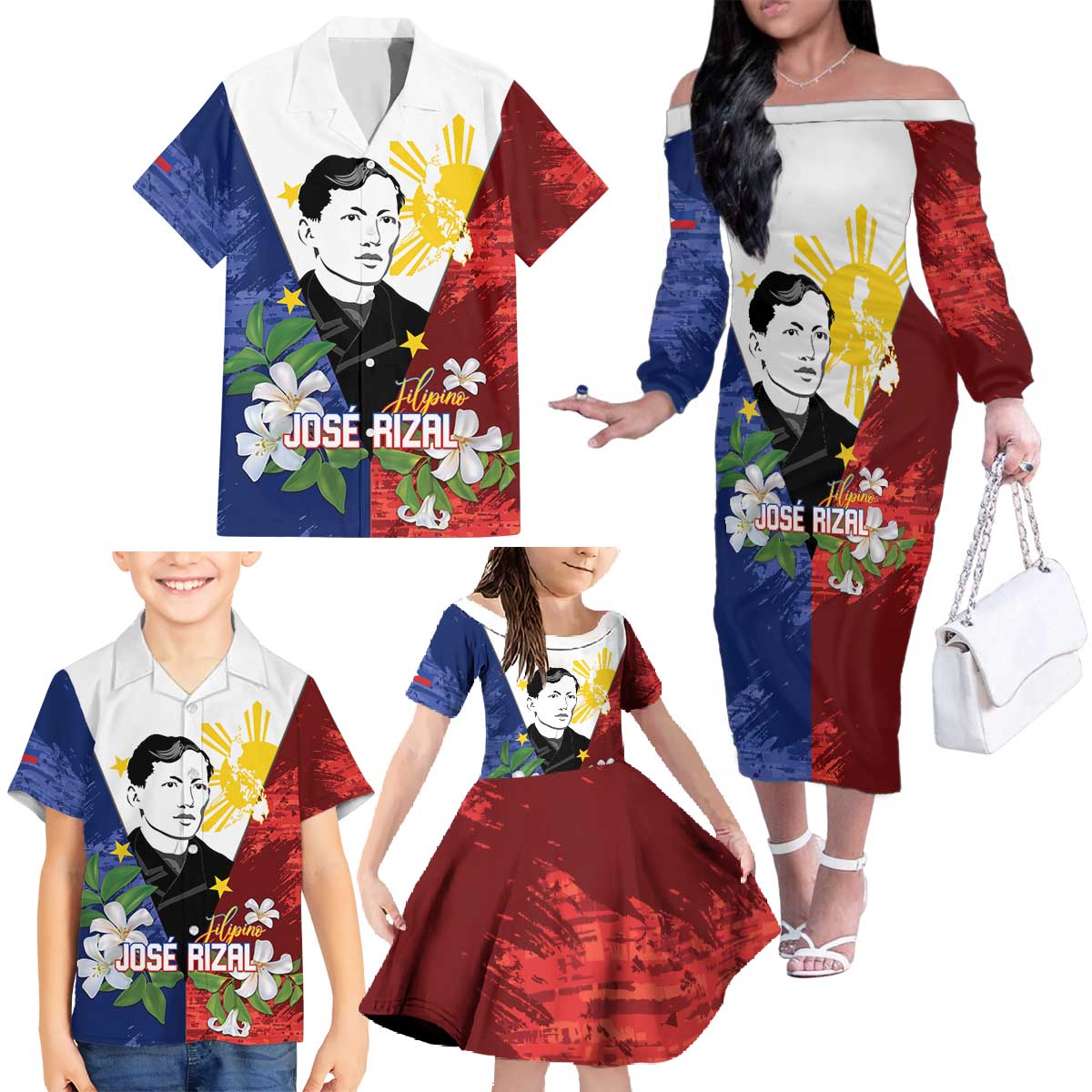 Philippines Rizal Day Family Matching Off The Shoulder Long Sleeve Dress and Hawaiian Shirt Filipino Sampaguita Grunge Style - Polynesian Pride
