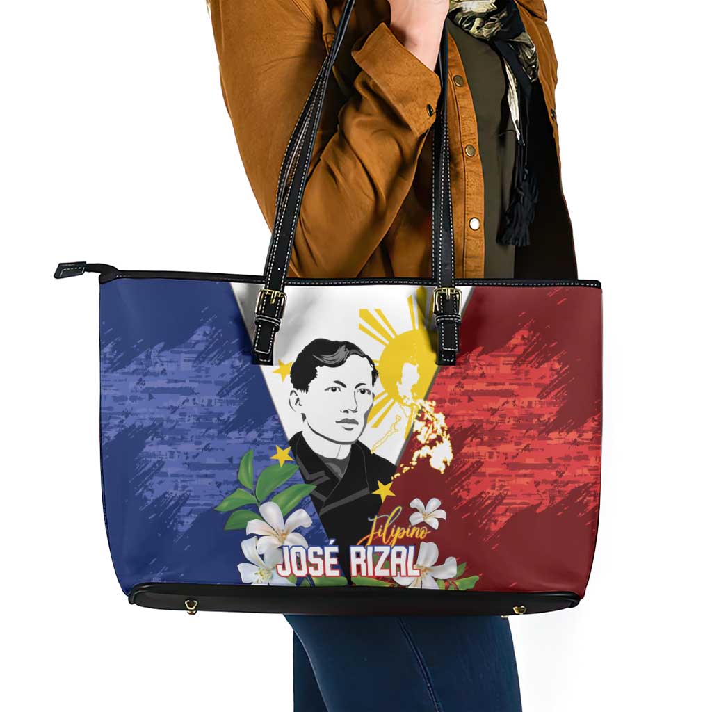 Philippines Rizal Day Leather Tote Bag Filipino Sampaguita Grunge Style - Polynesian Pride