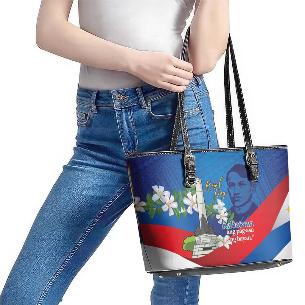Philippines Rizal Day Leather Tote Bag Filipino Motto Stella Polynesian Pattern - Polynesian Pride