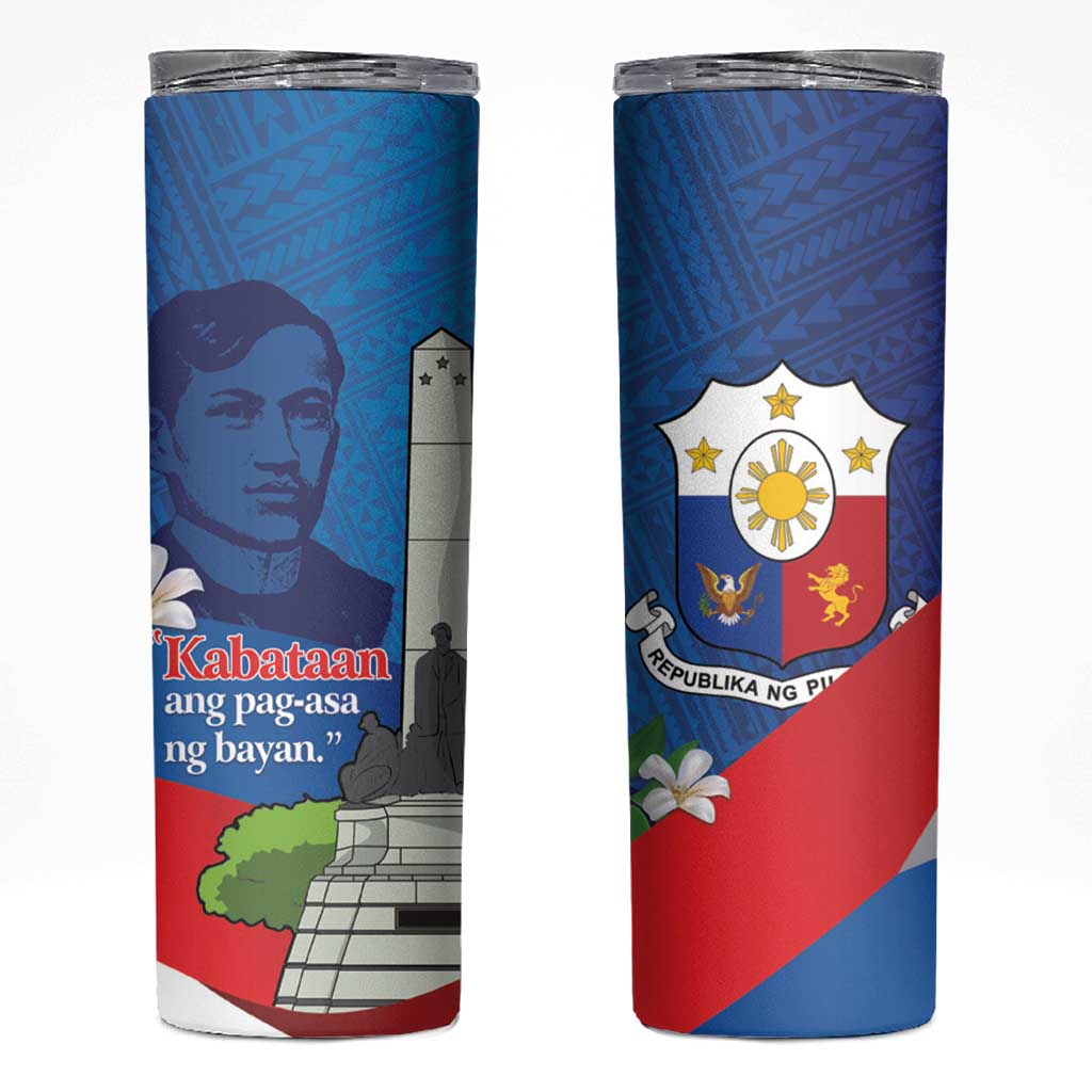 Philippines Rizal Day Skinny Tumbler Filipino Motto Stella Polynesian Pattern - Polynesian Pride