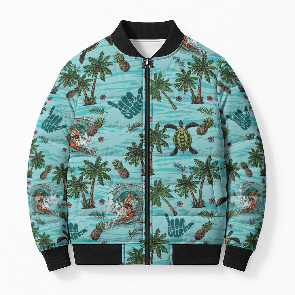 Aloha Hawaii Surfing Tropical Seamless Bomber Puffer Jacket LT14 Unisex Cyan - Polynesian Pride