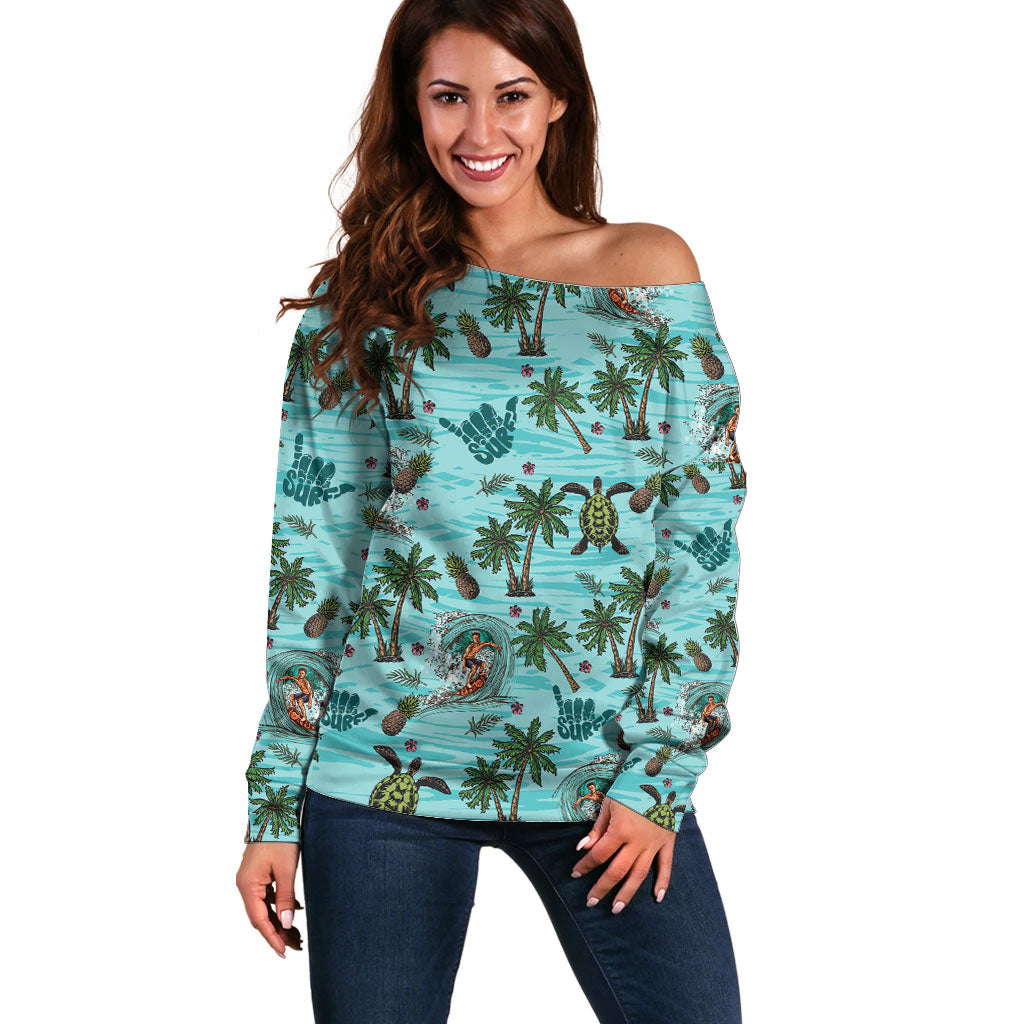Aloha Hawaii Surfing Tropical Seamless Off Shoulder Sweater