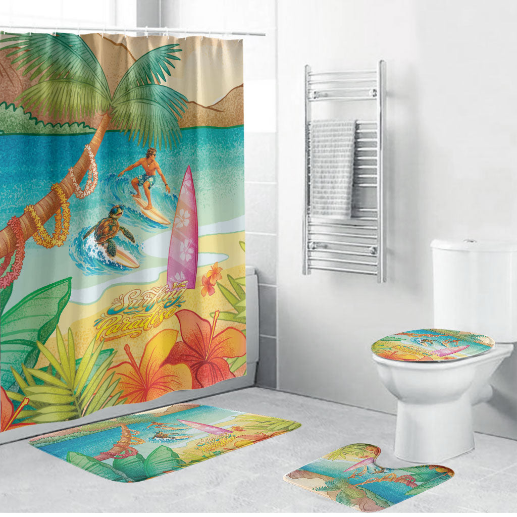 Surfing Paradise Hawaii Bathroom Set Tropical Flowers Beachy Vibes