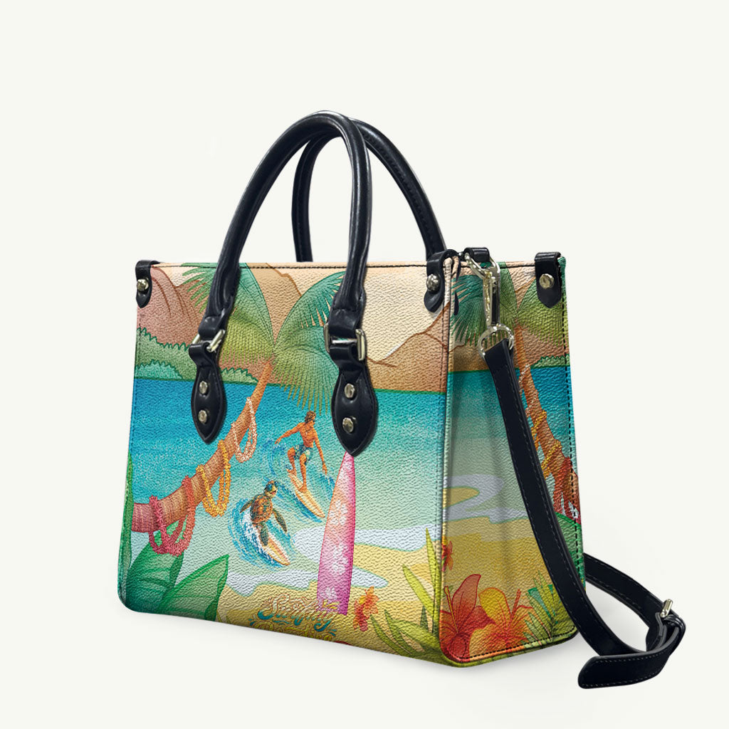 Surfing Paradise Hawaii Leather Bag Tropical Flowers Beachy Vibes
