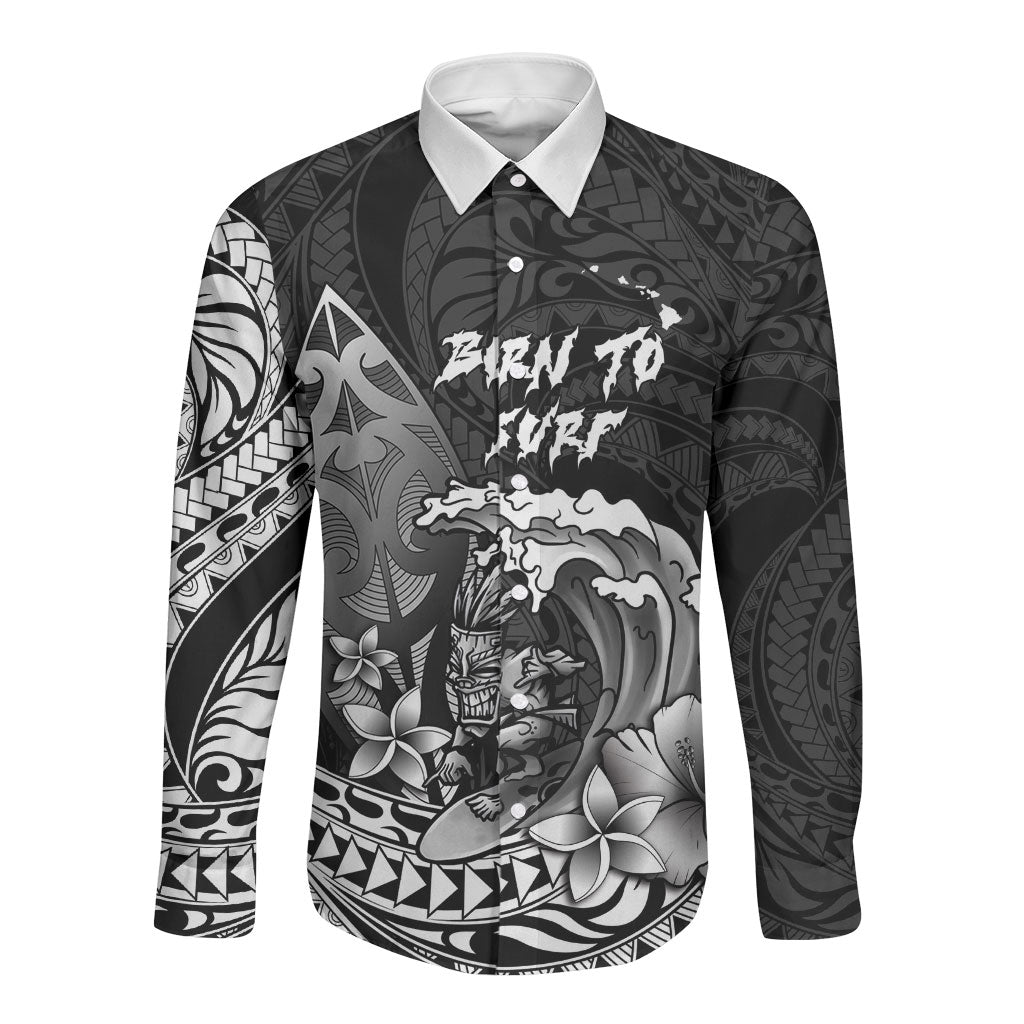 Hawaii Surfing Personalized Long Sleeve Button Shirt Born To Surf Tiki Hawaiian Pattern LT14 Unisex Black - Polynesian Pride