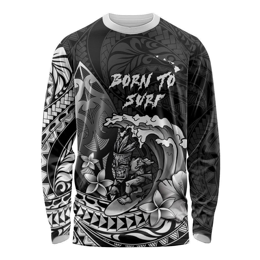 Hawaii Surfing Personalized Long Sleeve Shirt Born To Surf Tiki Hawaiian Pattern LT14 Unisex Black - Polynesian Pride