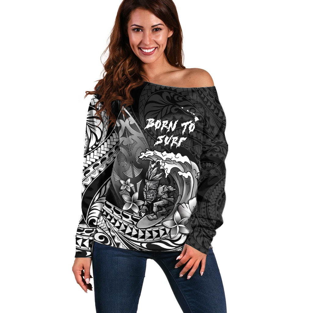 Hawaii Surfing Personalized Off Shoulder Sweater Born To Surf Tiki Hawaiian Pattern
