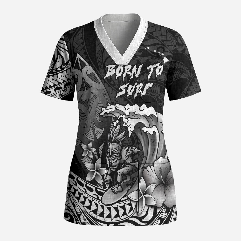 Hawaii Surfing Personalized Scrub Top Born To Surf Tiki Hawaiian Pattern LT14 Adult Black - Polynesian Pride