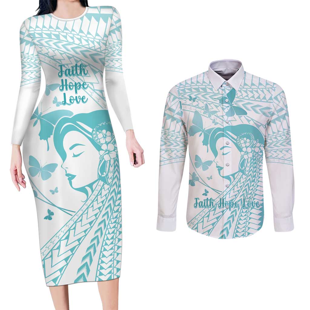 Polynesia Cervical Cancer Awareness Month Couples Matching Long Sleeve Bodycon Dress and Long Sleeve Button Shirt Polynesian Women Faith Hope Love! LT14 White - Polynesian Pride