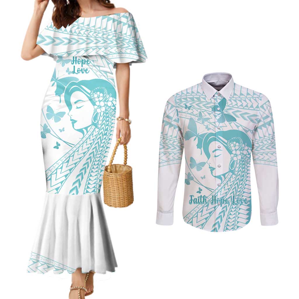 Polynesia Cervical Cancer Awareness Month Couples Matching Mermaid Dress and Long Sleeve Button Shirt Polynesian Women Faith Hope Love! LT14 White - Polynesian Pride