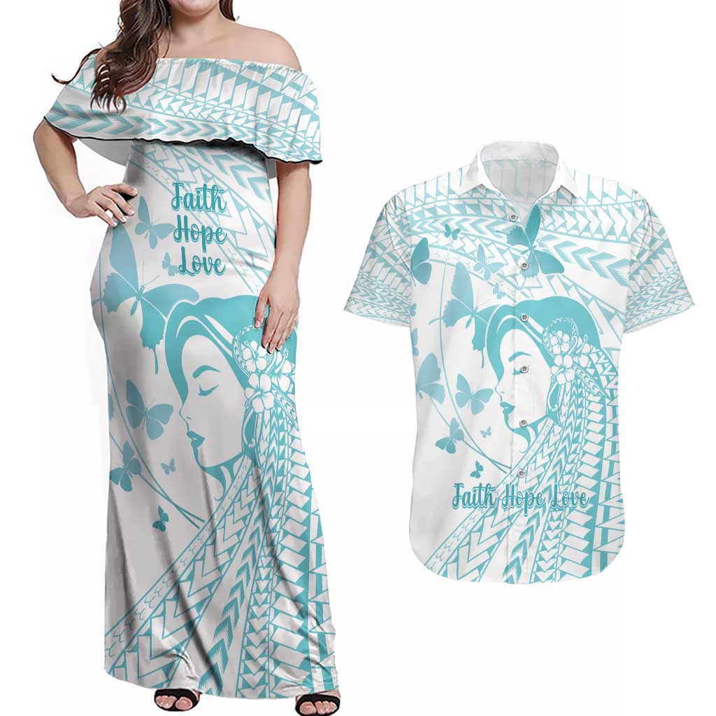 Polynesia Cervical Cancer Awareness Month Couples Matching Off Shoulder Maxi Dress and Hawaiian Shirt Polynesian Women Faith Hope Love!