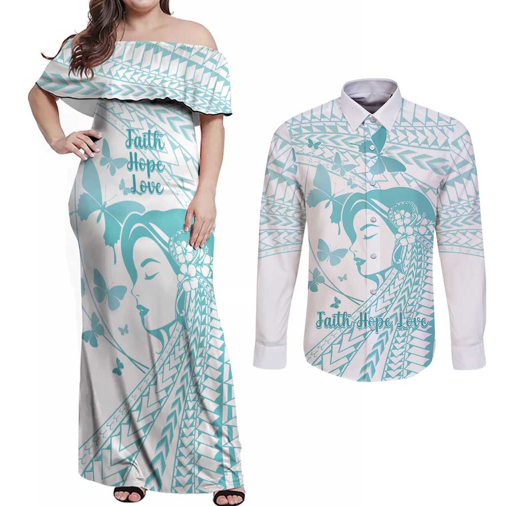 Polynesia Cervical Cancer Awareness Month Couples Matching Off Shoulder Maxi Dress and Long Sleeve Button Shirt Polynesian Women Faith Hope Love! LT14 White - Polynesian Pride