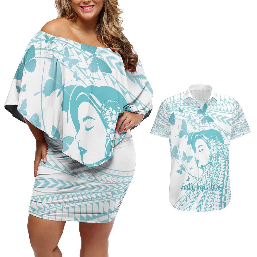 Polynesia Cervical Cancer Awareness Month Couples Matching Off Shoulder Short Dress and Hawaiian Shirt Polynesian Women Faith Hope Love! LT14 White - Polynesian Pride