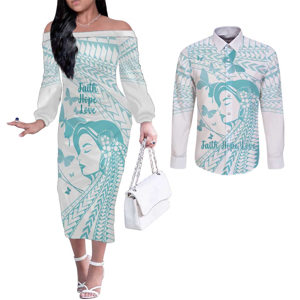 Polynesia Cervical Cancer Awareness Month Couples Matching Off The Shoulder Long Sleeve Dress and Long Sleeve Button Shirt Polynesian Women Faith Hope Love! LT14 White - Polynesian Pride