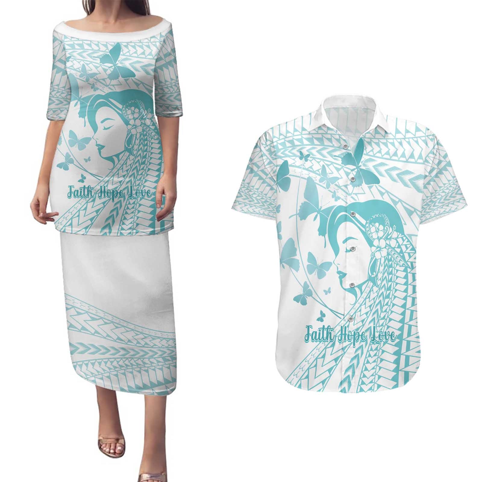 Polynesia Cervical Cancer Awareness Month Couples Matching Puletasi and Hawaiian Shirt Polynesian Women Faith Hope Love! LT14 White - Polynesian Pride