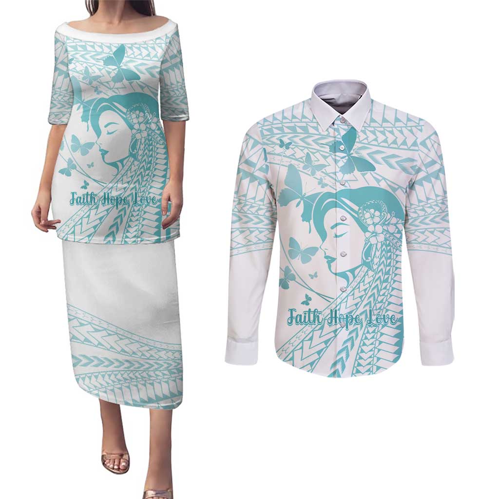 Polynesia Cervical Cancer Awareness Month Couples Matching Puletasi and Long Sleeve Button Shirt Polynesian Women Faith Hope Love! LT14 White - Polynesian Pride