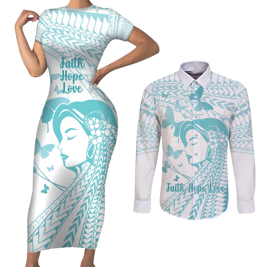 Polynesia Cervical Cancer Awareness Month Couples Matching Short Sleeve Bodycon Dress and Long Sleeve Button Shirt Polynesian Women Faith Hope Love! LT14 White - Polynesian Pride