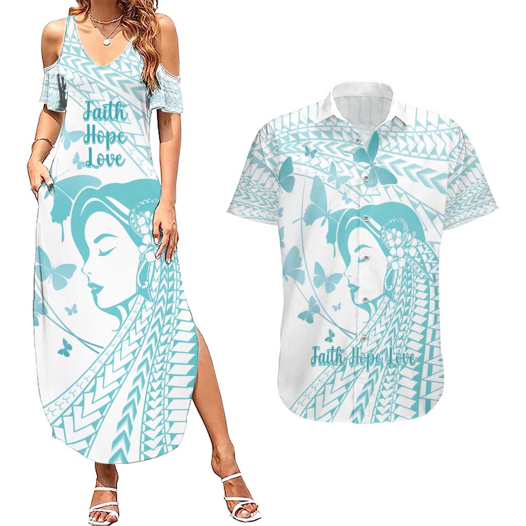 Polynesia Cervical Cancer Awareness Month Couples Matching Summer Maxi Dress and Hawaiian Shirt Polynesian Women Faith Hope Love! LT14 White - Polynesian Pride