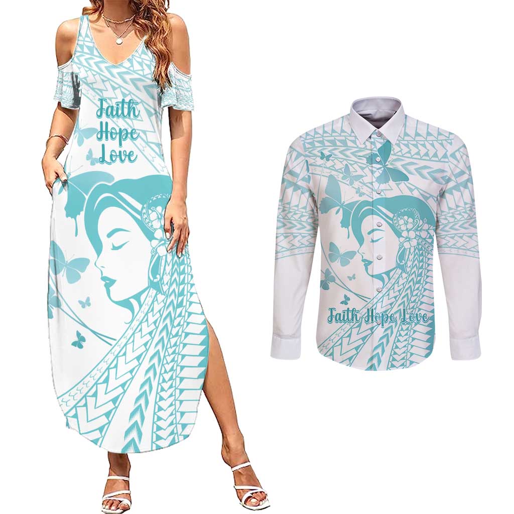 Polynesia Cervical Cancer Awareness Month Couples Matching Summer Maxi Dress and Long Sleeve Button Shirt Polynesian Women Faith Hope Love! LT14 White - Polynesian Pride