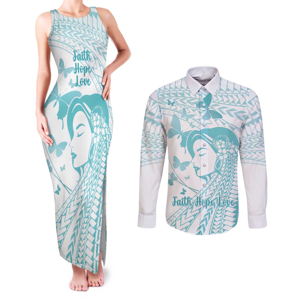 Polynesia Cervical Cancer Awareness Month Couples Matching Tank Maxi Dress and Long Sleeve Button Shirt Polynesian Women Faith Hope Love! LT14 White - Polynesian Pride