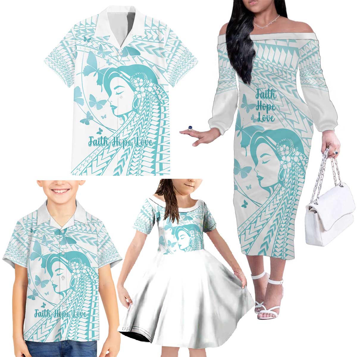 Polynesia Cervical Cancer Awareness Month Family Matching Off The Shoulder Long Sleeve Dress and Hawaiian Shirt Polynesian Women Faith Hope Love!