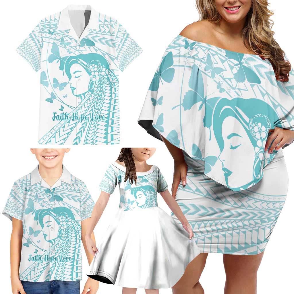 Polynesia Cervical Cancer Awareness Month Family Matching Off Shoulder Short Dress and Hawaiian Shirt Polynesian Women Faith Hope Love!