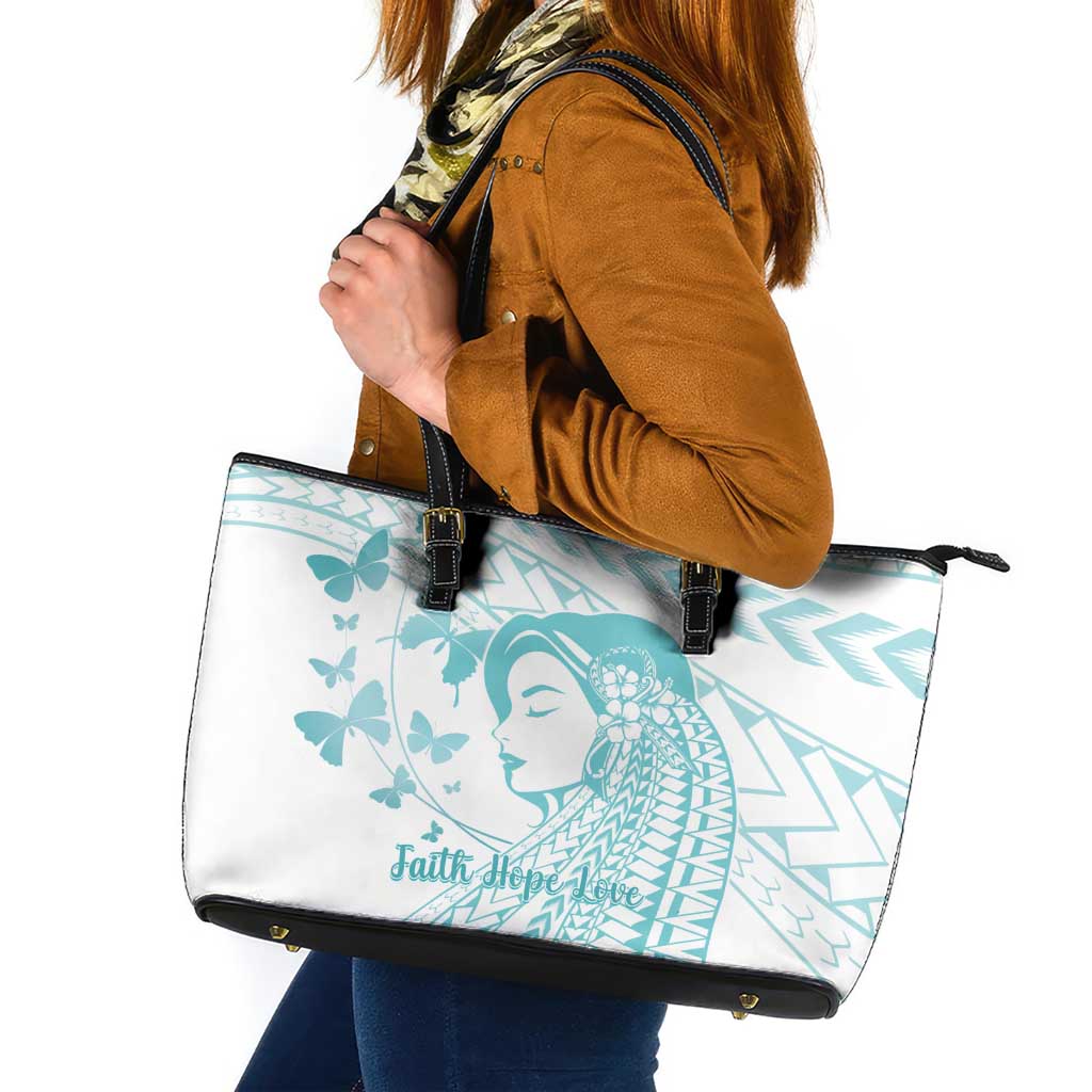 Polynesia Cervical Cancer Awareness Month Leather Tote Bag Polynesian Women Faith Hope Love! LT14 White - Polynesian Pride
