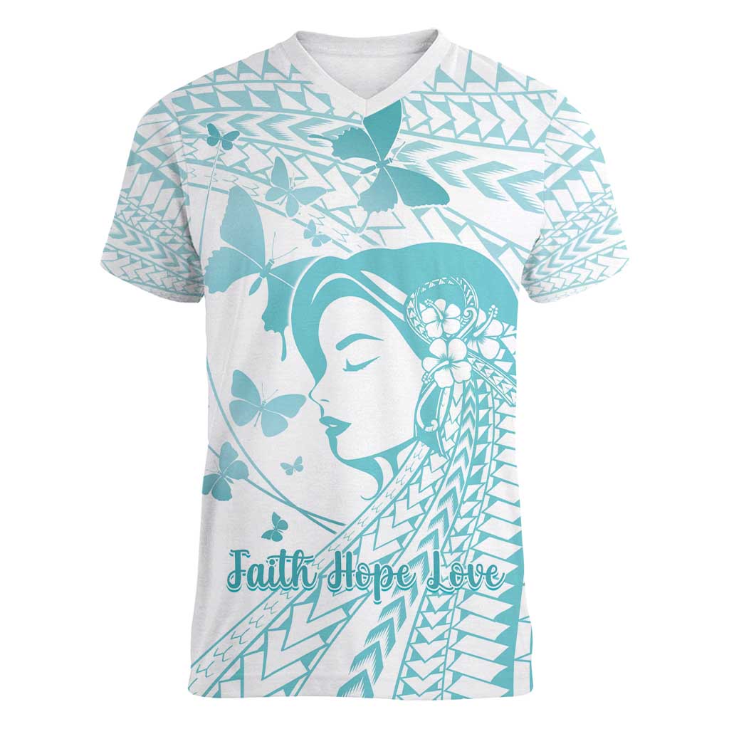 Polynesia Cervical Cancer Awareness Month Women V-Neck T-Shirt Polynesian Women Faith Hope Love! LT14 Female White - Polynesian Pride