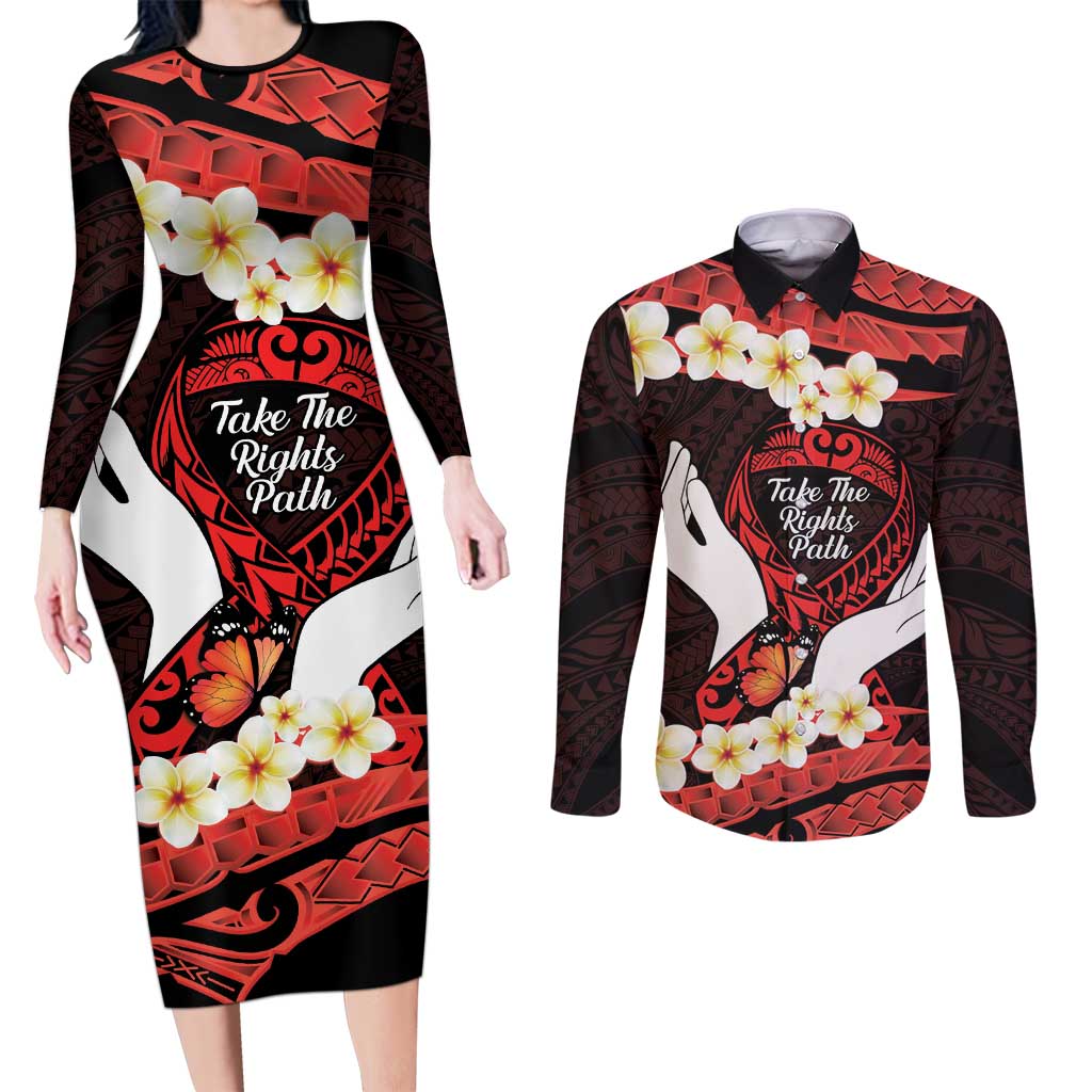 Polynesia AIDS Awareness Month Couples Matching Long Sleeve Bodycon Dress and Long Sleeve Button Shirt Take The Rights Path Polynesian Pattern LT14 Red - Polynesian Pride