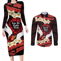 Polynesia AIDS Awareness Month Couples Matching Long Sleeve Bodycon Dress and Long Sleeve Button Shirt Take The Rights Path Polynesian Pattern LT14 Red - Polynesian Pride