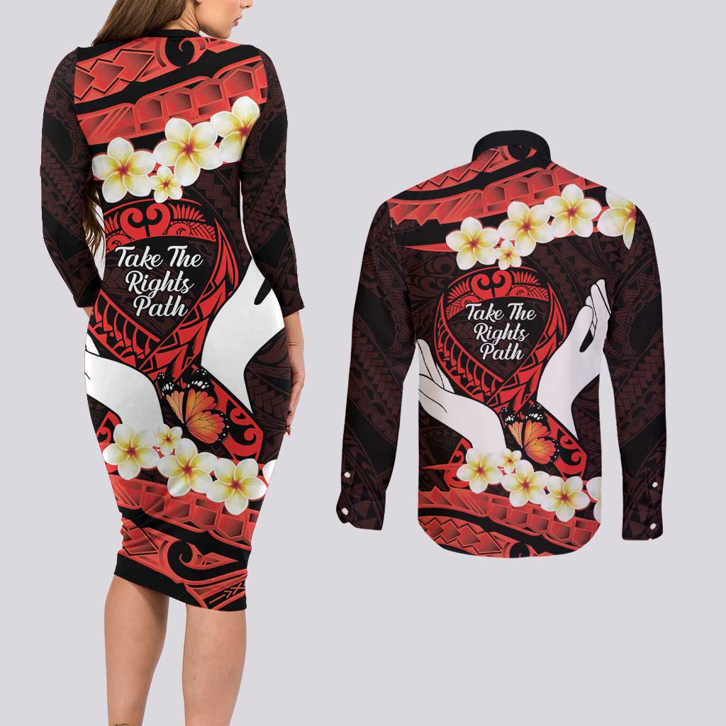 Polynesia AIDS Awareness Month Couples Matching Long Sleeve Bodycon Dress and Long Sleeve Button Shirt Take The Rights Path Polynesian Pattern LT14 - Polynesian Pride